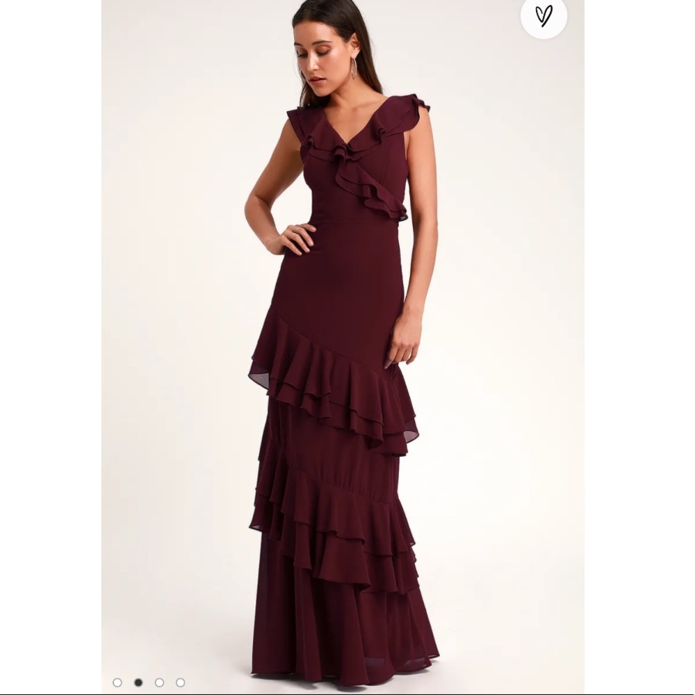 LULU’S Majesty Burgundy Ruffled Maxi Dress NWT